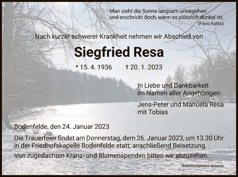 Traueranzeige für Siegfried Resa vom 24.01.2023 aus HNA