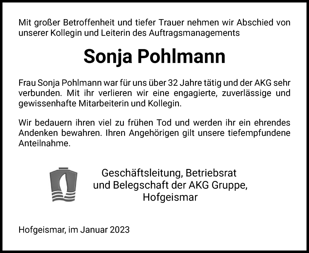  Traueranzeige für Sonja Pohlmann vom 07.01.2023 aus HNA