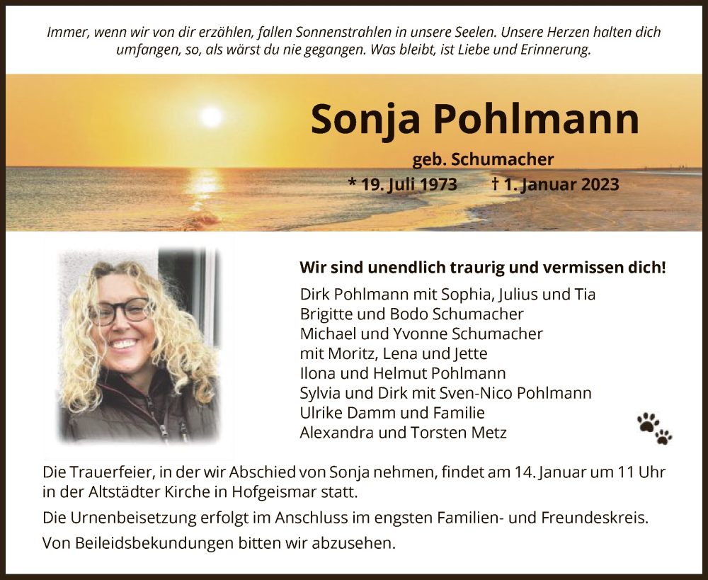  Traueranzeige für Sonja Pohlmann vom 07.01.2023 aus HNA