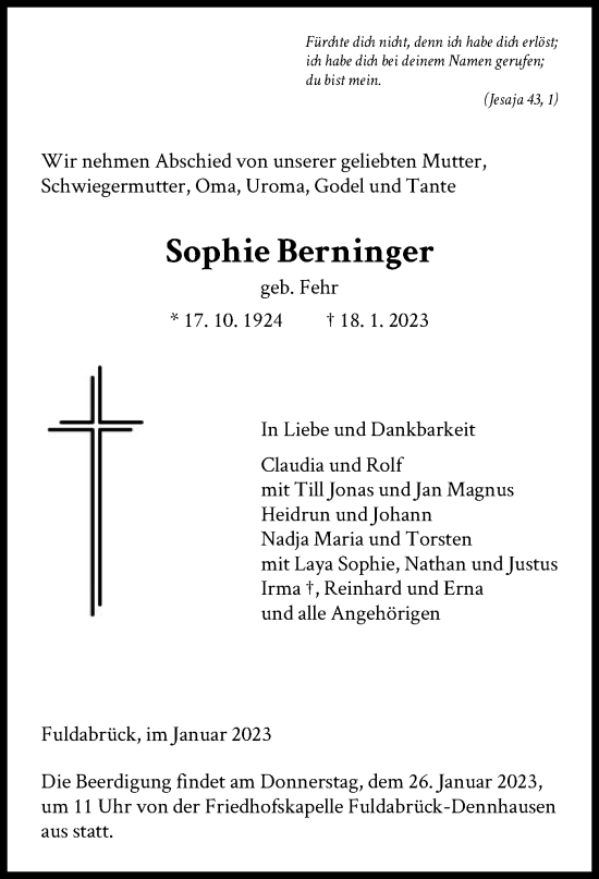 Traueranzeige von Sophie Berninger von HNA