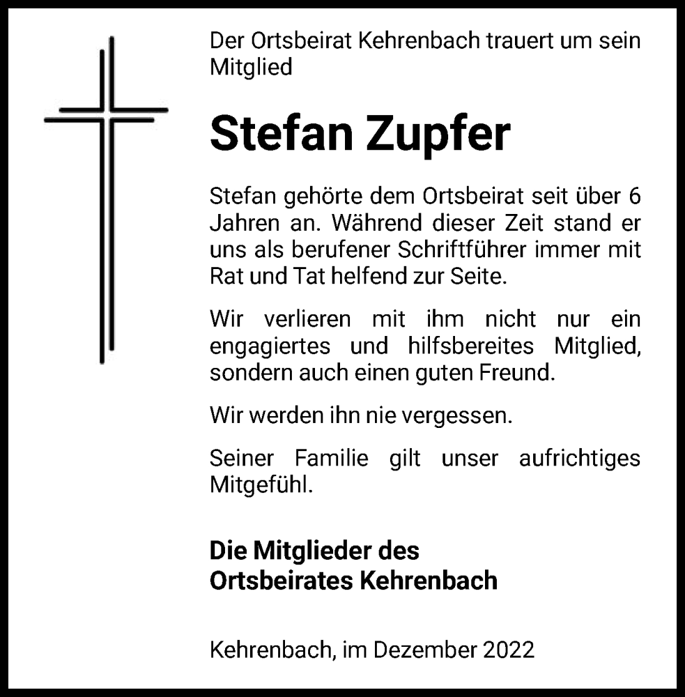  Traueranzeige für Stefan Zupfer vom 03.01.2023 aus HNA