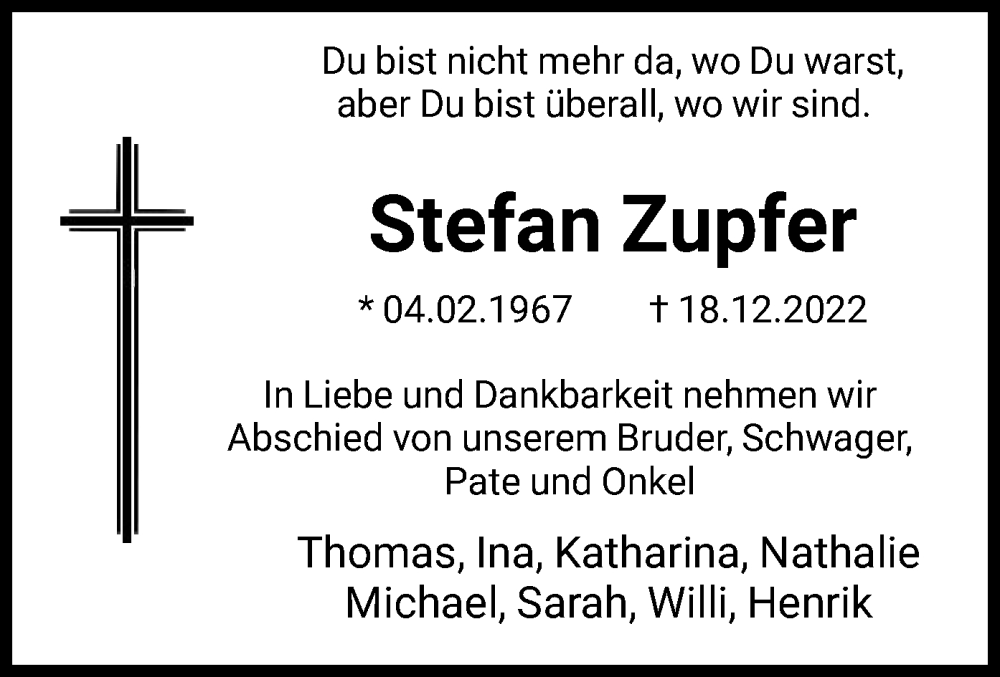  Traueranzeige für Stefan Zupfer vom 03.01.2023 aus HNA