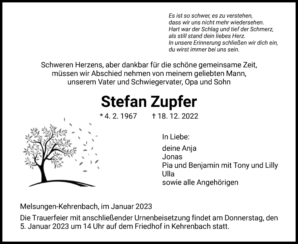  Traueranzeige für Stefan Zupfer vom 03.01.2023 aus HNA