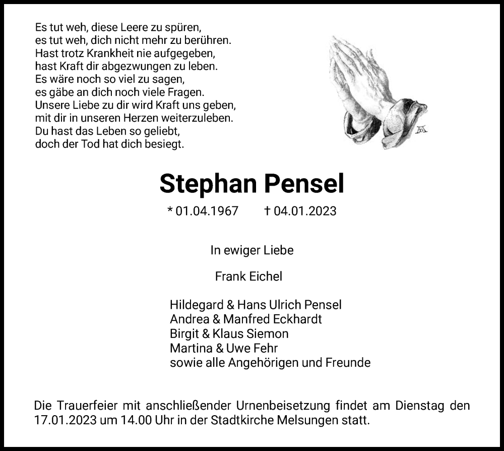  Traueranzeige für Stephan Pensel vom 14.01.2023 aus HNA