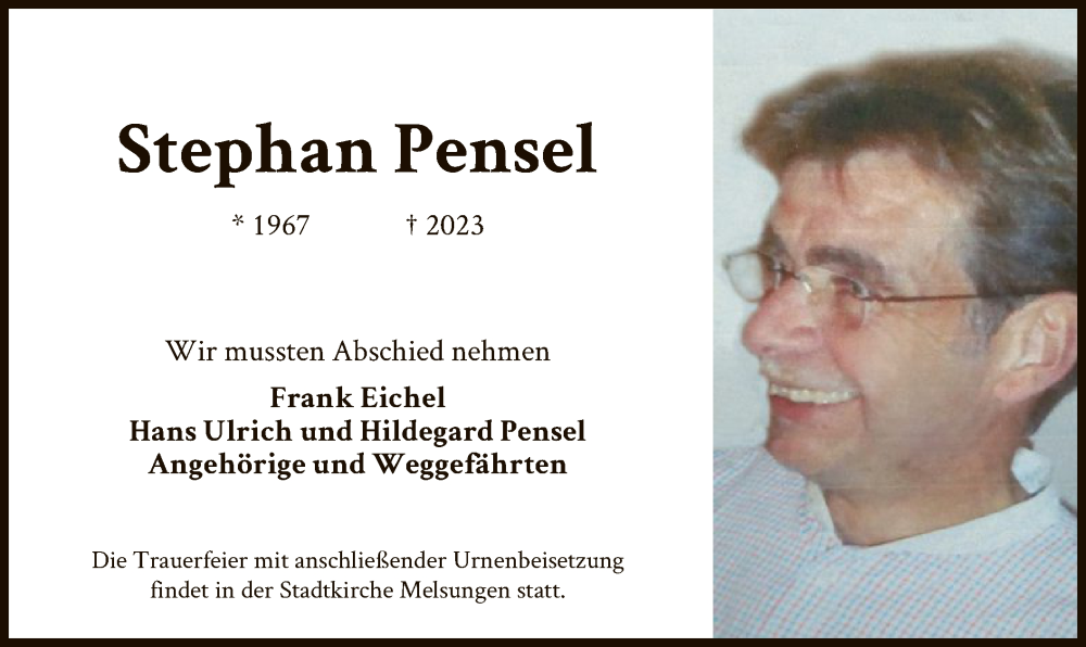  Traueranzeige für Stephan Pensel vom 06.01.2023 aus HNA