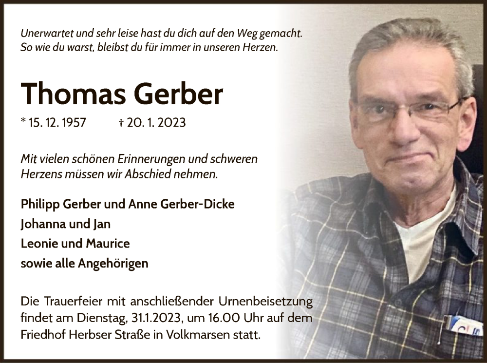  Traueranzeige für Thomas Gerber vom 28.01.2023 aus HNA