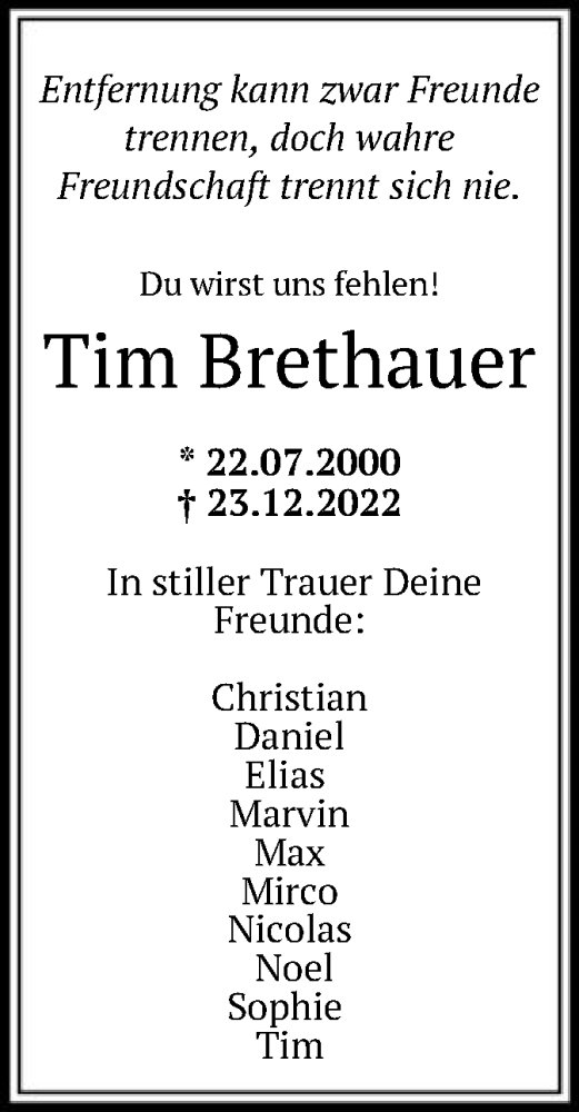  Traueranzeige für Tim Brethauer vom 03.01.2023 aus HNA