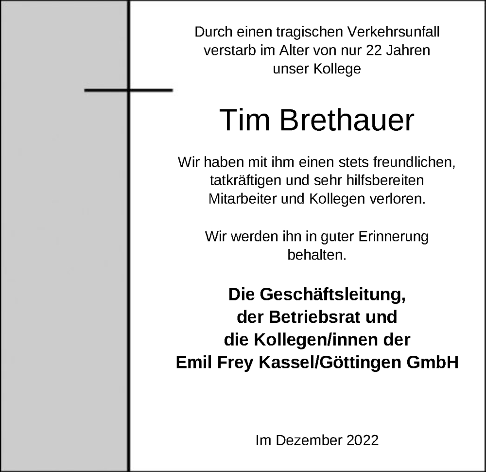  Traueranzeige für Tim Brethauer vom 03.01.2023 aus HNA