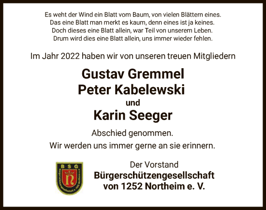 Traueranzeige von Trauertafel von der Bürgerschützgesellschaft von 1252 Northeim e.V. von HNA