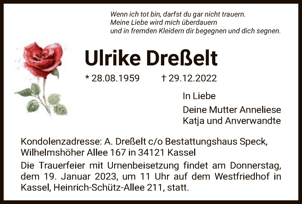  Traueranzeige für Ulrike Dreßelt vom 14.01.2023 aus HNA