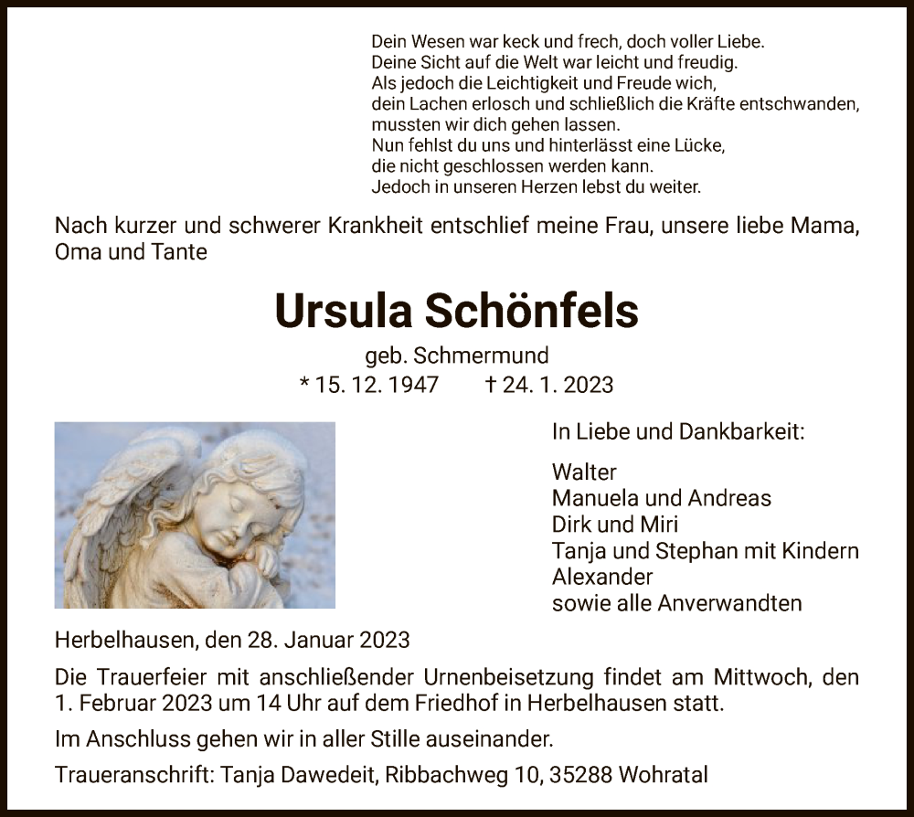 Traueranzeige für Ursula Schönfels vom 28.01.2023 aus HNA