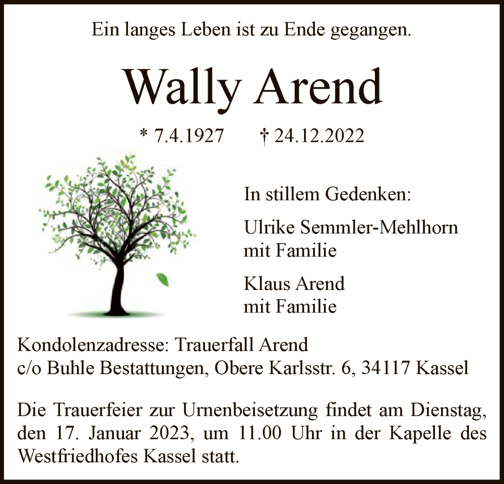  Traueranzeige für Wally Arend vom 14.01.2023 aus HNA