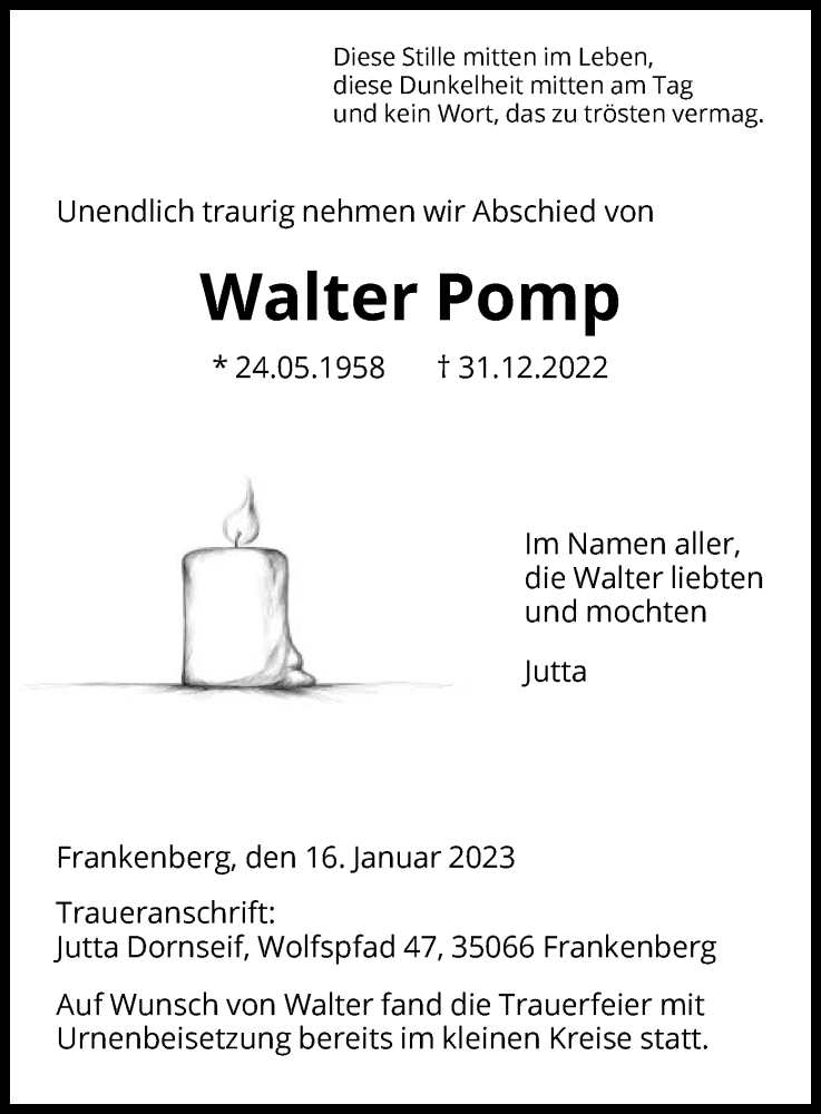  Traueranzeige für Walter Pomp vom 16.01.2023 aus HNA