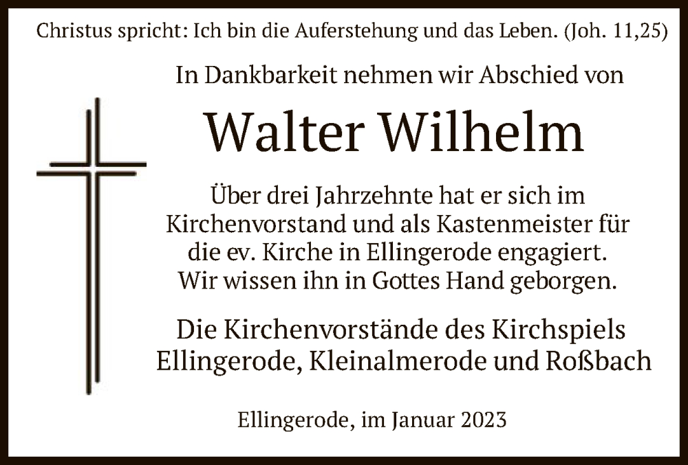  Traueranzeige für Walter Wilhelm vom 21.01.2023 aus HNA