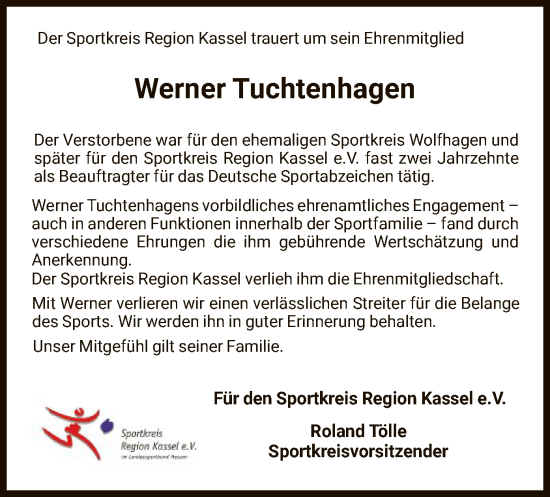Traueranzeige von Werner Tuchtenhagen von HNA