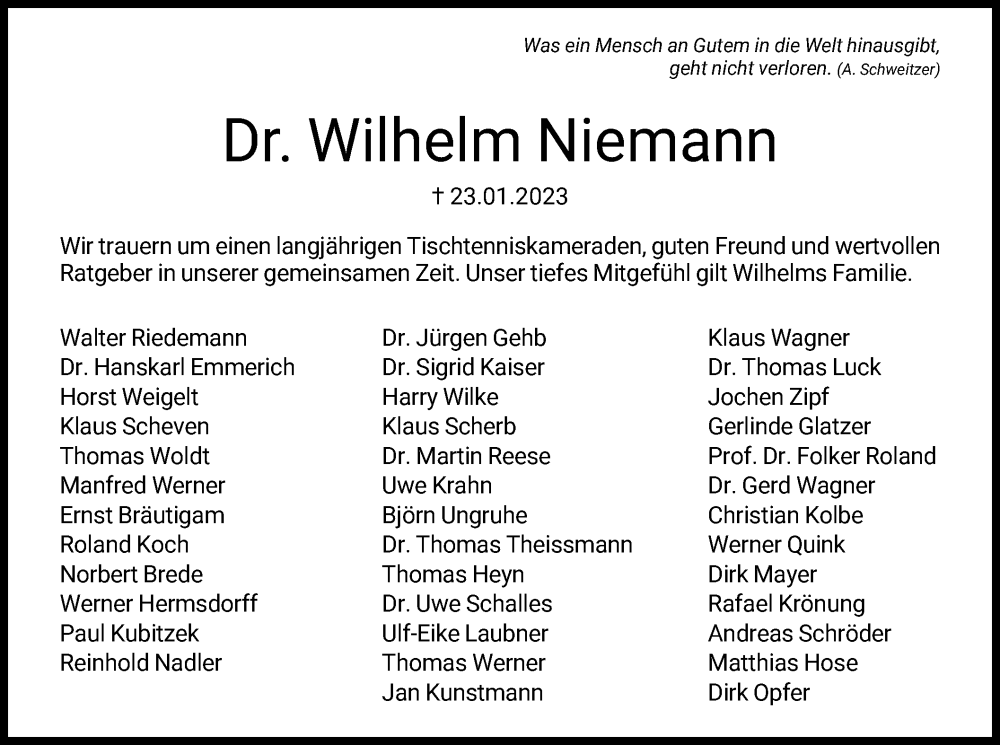  Traueranzeige für Wilhelm Niemann vom 28.01.2023 aus HNA