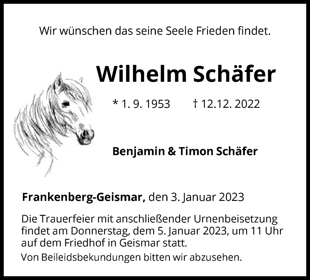  Traueranzeige für Wilhelm Schäfer vom 03.01.2023 aus HNA