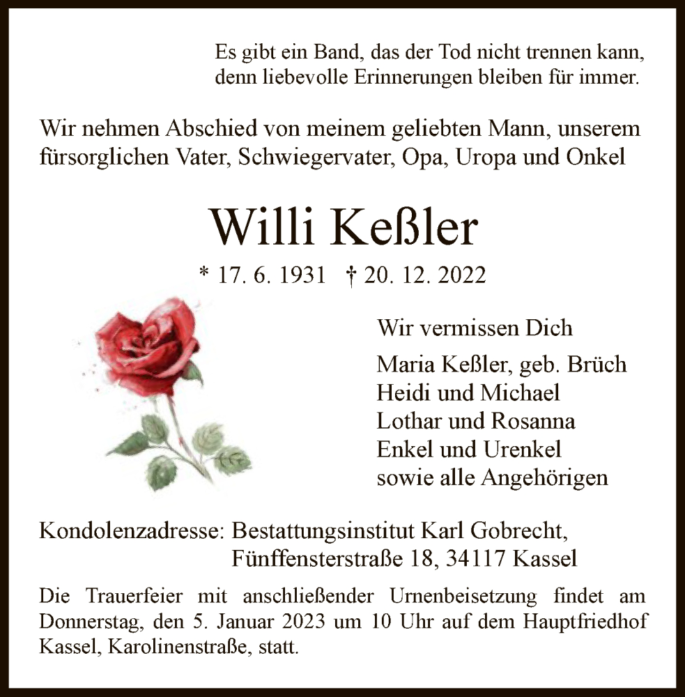  Traueranzeige für Willi Keßler vom 03.01.2023 aus HNA