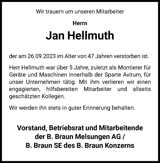 Traueranzeige von Jan Hellmuth von HNA