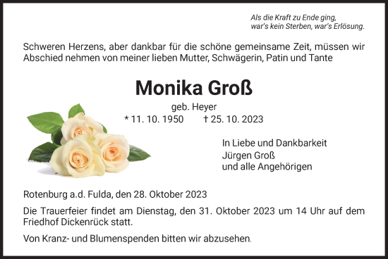 Traueranzeige von Monika Groß von HNA