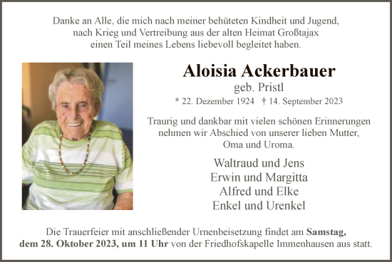 Traueranzeige von Aloisia Ackerbauer von HNA