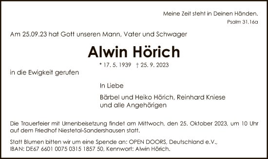 Traueranzeige von Alwin Hörich von HNA