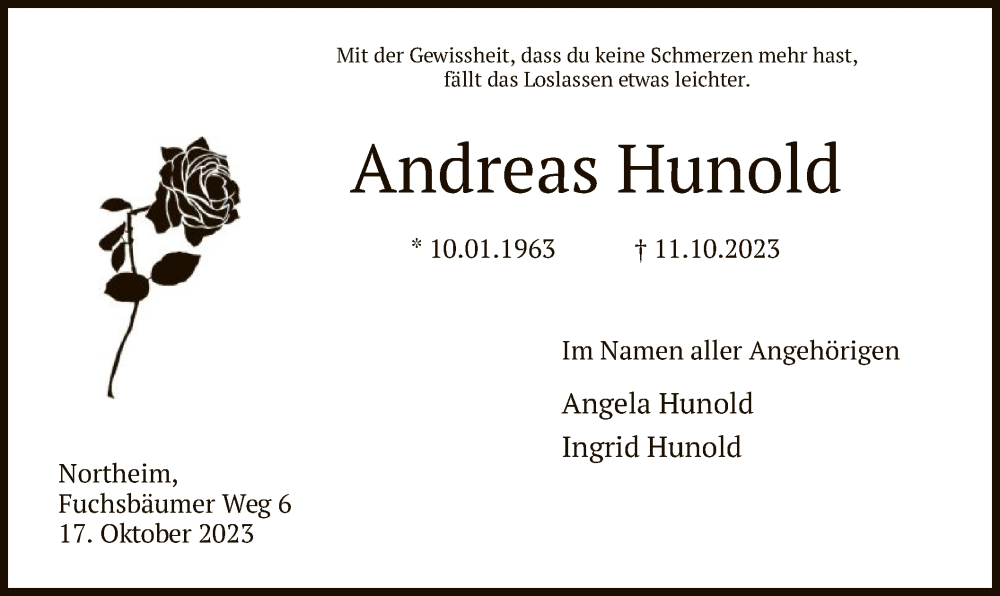 Traueranzeige für Andreas Hunold vom 17.10.2023 aus HNA