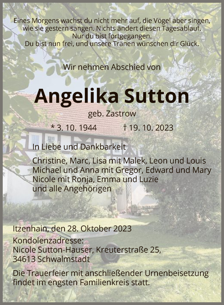  Traueranzeige für Angelika Sutton vom 28.10.2023 aus HNA