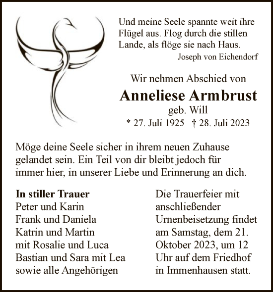 Traueranzeige von Anneliese Armbrust von HNA