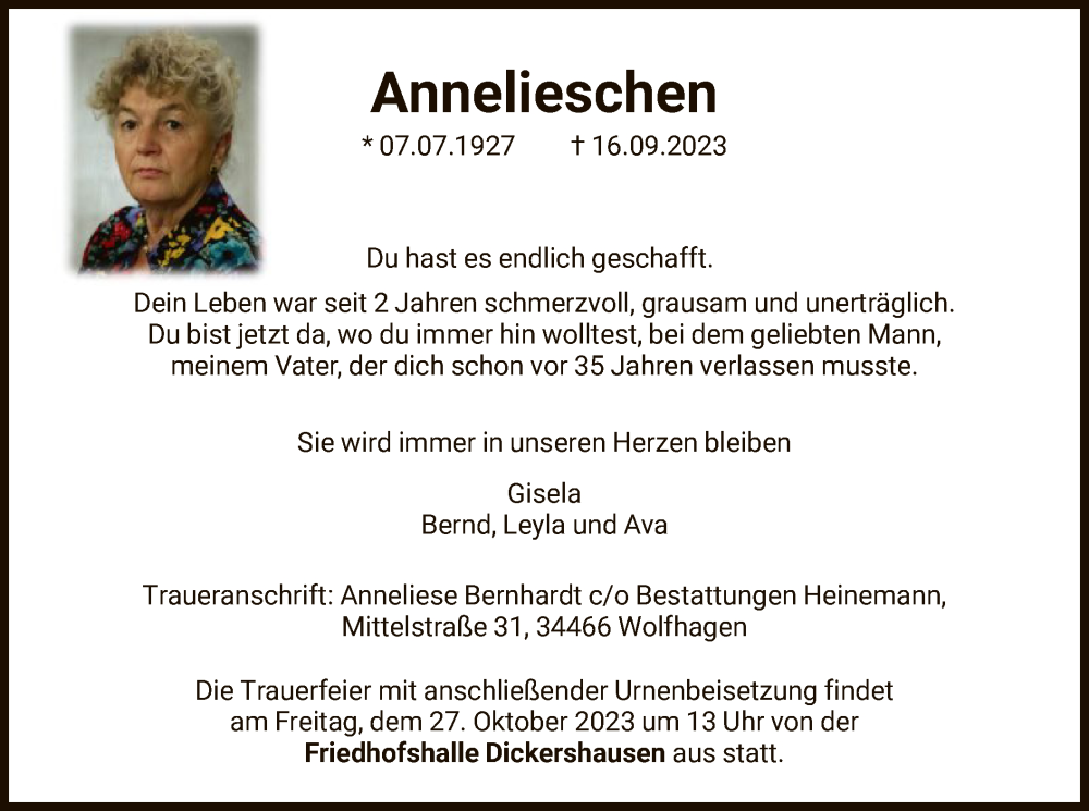  Traueranzeige für Anneliese Bernhardt vom 21.10.2023 aus HNA