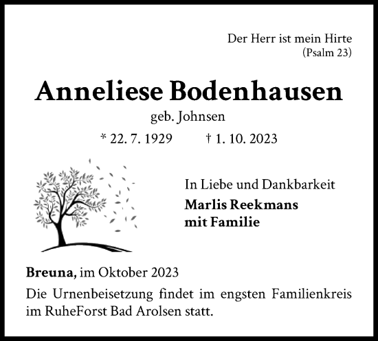 Traueranzeige von Anneliese Bodenhausen von HNA