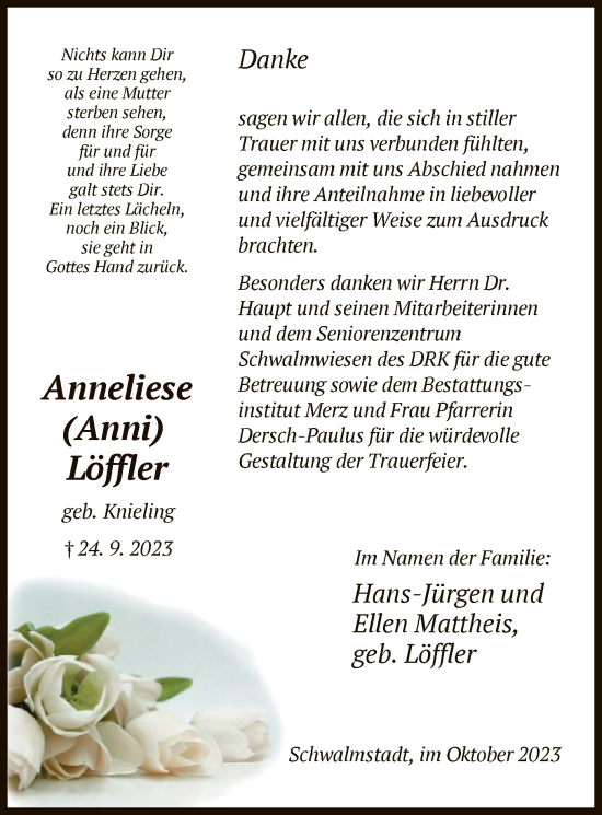 Traueranzeige von Anneliese Löffler von HNA