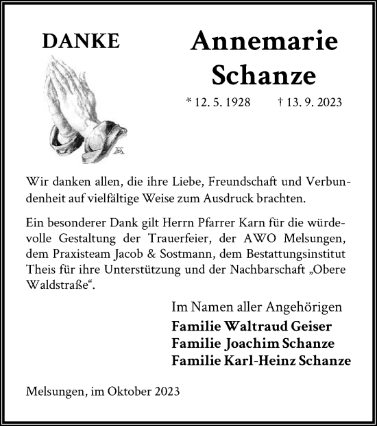 Traueranzeige von Annemarie Schanze von HNA