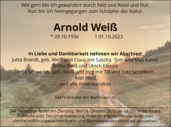 Traueranzeige von Arnold Weiß von HNA