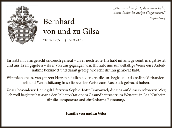 Traueranzeige von Bernhard von und zu Gilsa von HNA