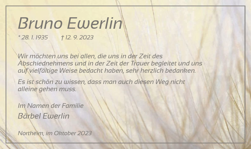  Traueranzeige für Bruno Ewerlin vom 21.10.2023 aus HNA