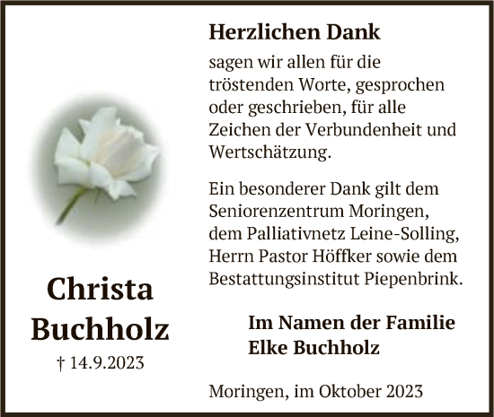 Traueranzeige von Christa Buchholz von HNA