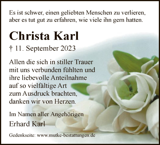 Traueranzeige von Christa Karl von HNA