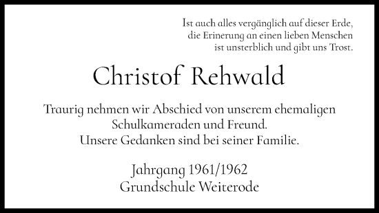 Traueranzeige von Christof Rehwald von HNA