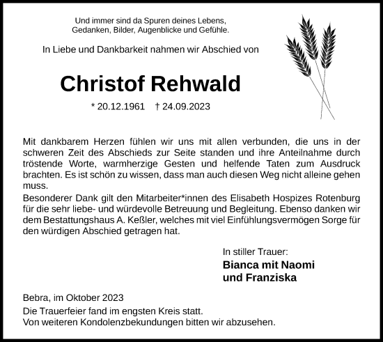 Traueranzeige von Christof Rehwald von HNA