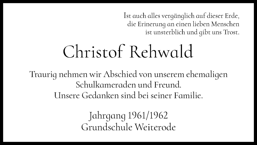  Traueranzeige für Christof Rehwald vom 28.10.2023 aus HNA