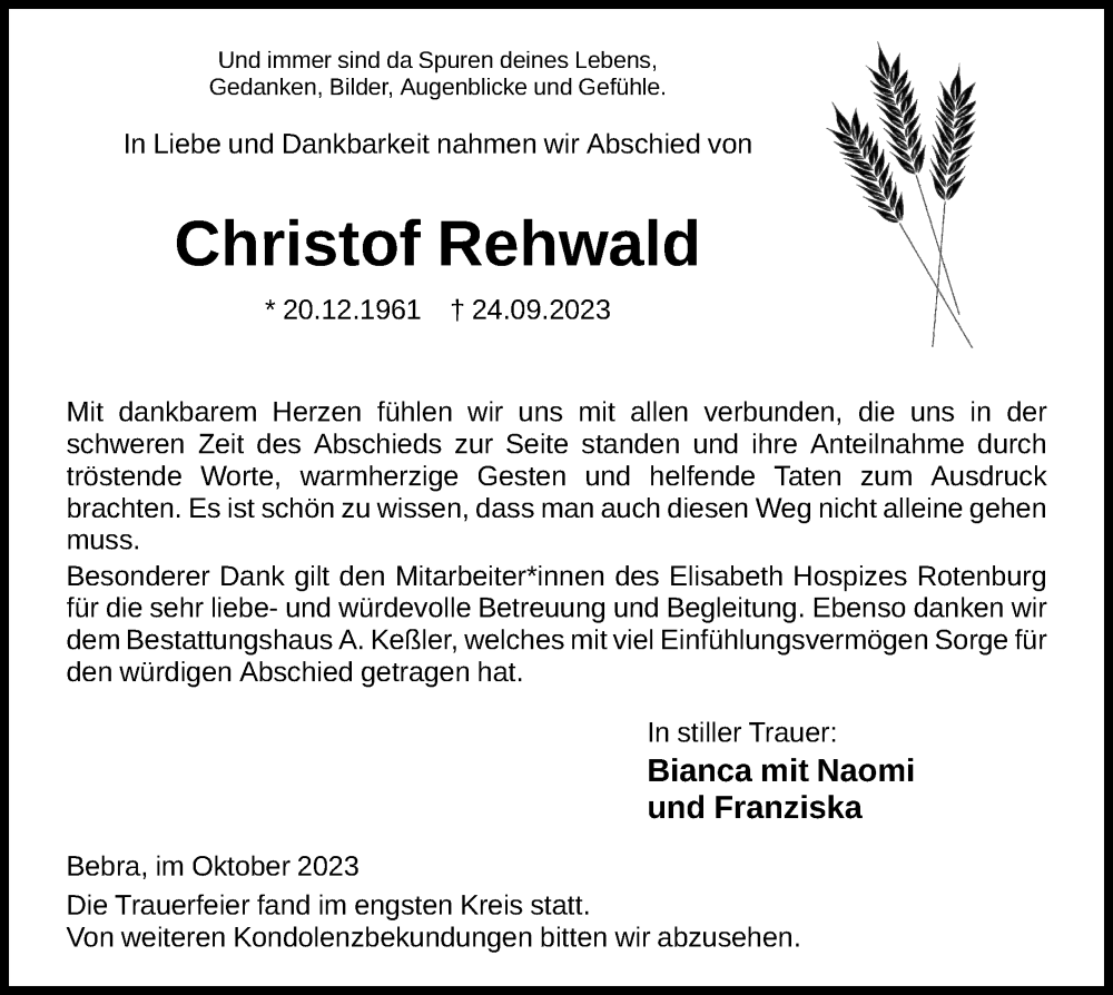  Traueranzeige für Christof Rehwald vom 14.10.2023 aus HNA