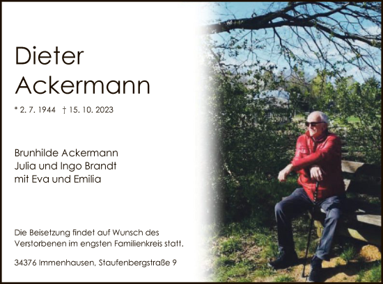 Traueranzeige von Dieter Ackermann von HNAHNA