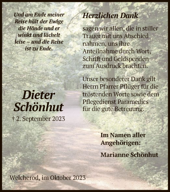 Traueranzeige von Dieter Schönhut von HNA