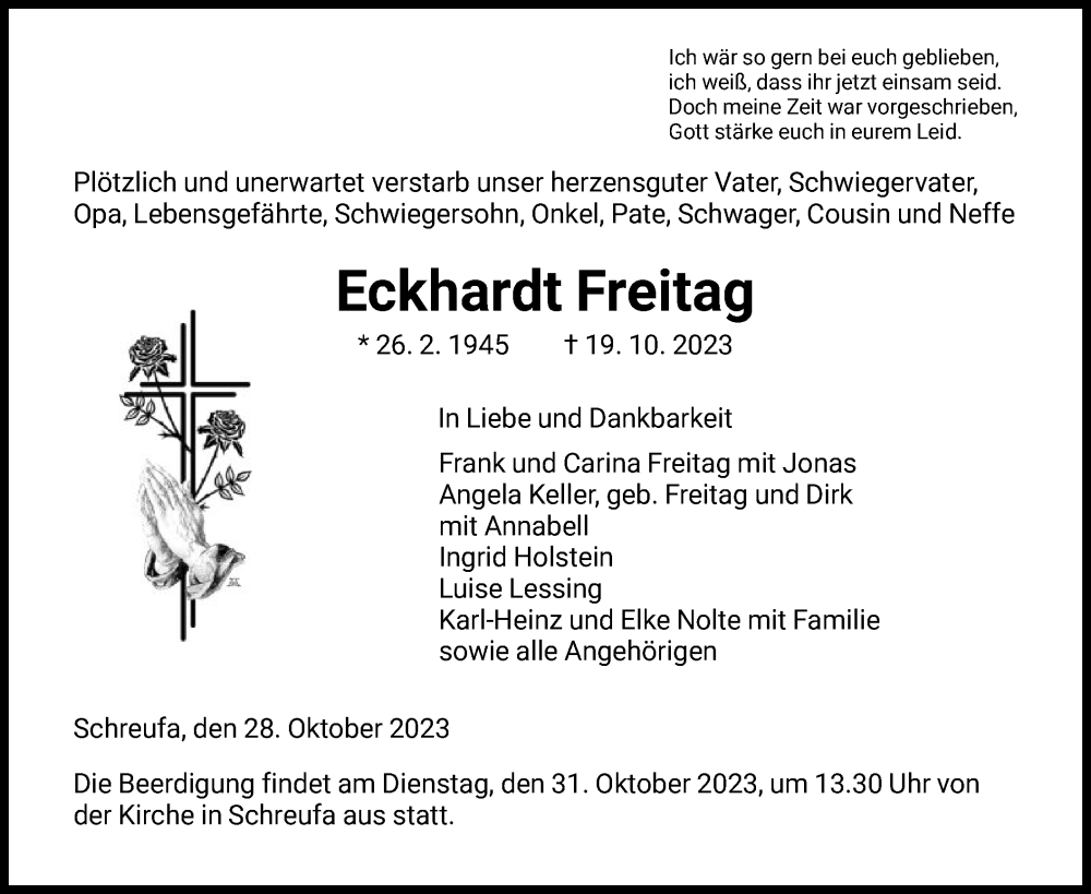  Traueranzeige für Eckhardt Freitag vom 28.10.2023 aus HNAWLZ