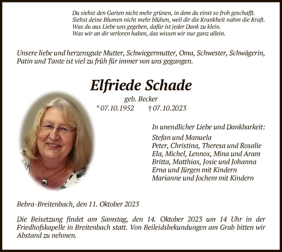 Traueranzeige von Elfriede Schade von HNA