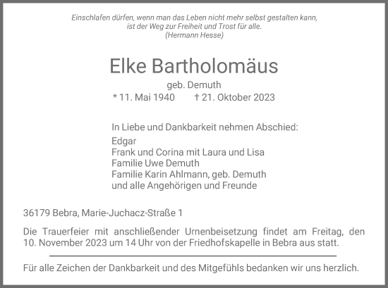 Traueranzeige von Elke Bartholomäus von HNAHNA