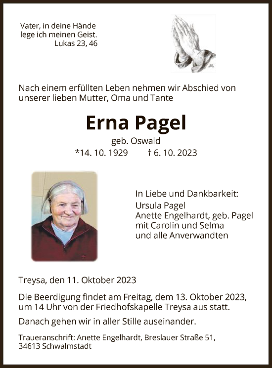 Traueranzeige von Erna Pagel von HNA