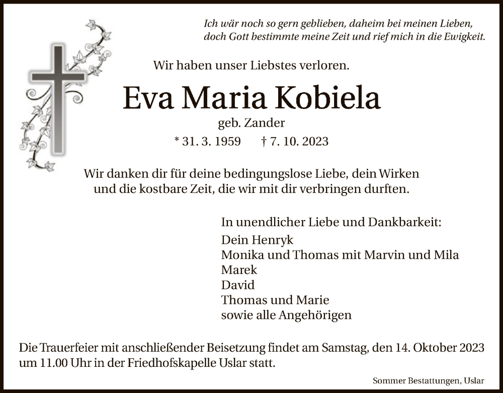  Traueranzeige für Eva Maria Kobiela vom 13.10.2023 aus HNA