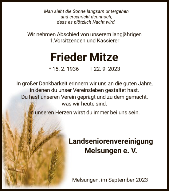 Traueranzeige von Frieder Mitze von HNA